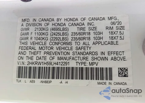 2020 Honda Cr-V 2Wd Ex из США, поврежденный, VIN 2HKRW1H59LH412291